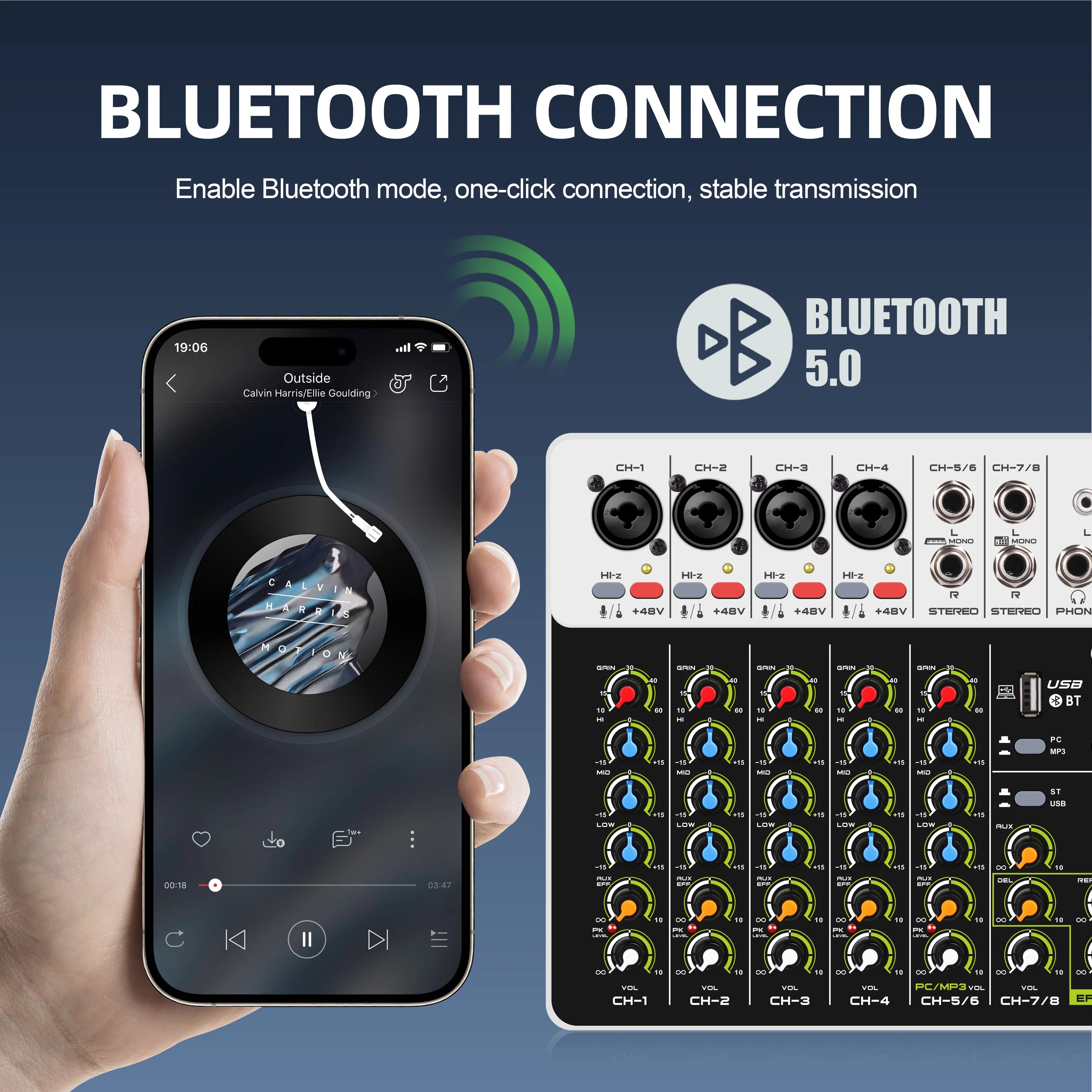 4/8 Channel Audio Mixer DJ Controller Sound Mixing Console With Bluetooth Phantom Power Delay Repaeat Effect  For PC Recording