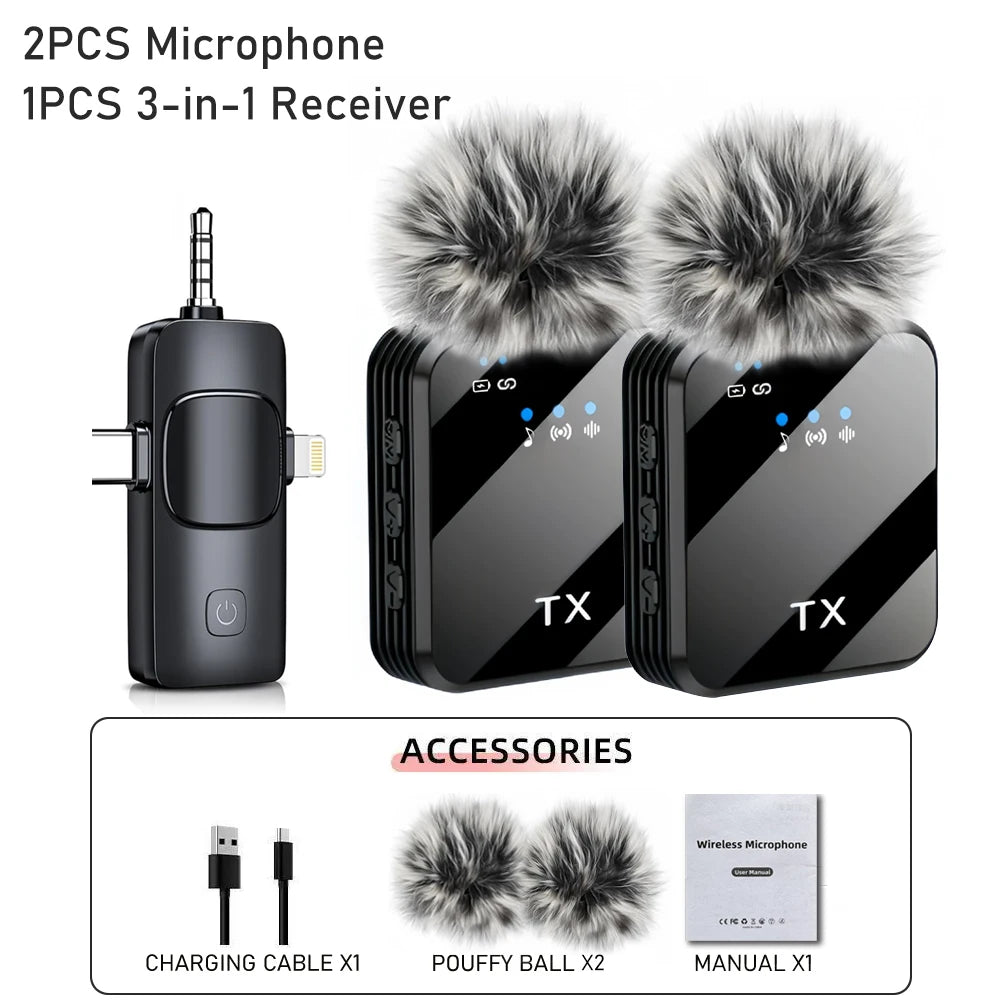 3in1 Wireless Lavalier Microphone for Camera,iPhone,Android,Microphone for Video Recording Recording Podcast Noise Reduction mic
