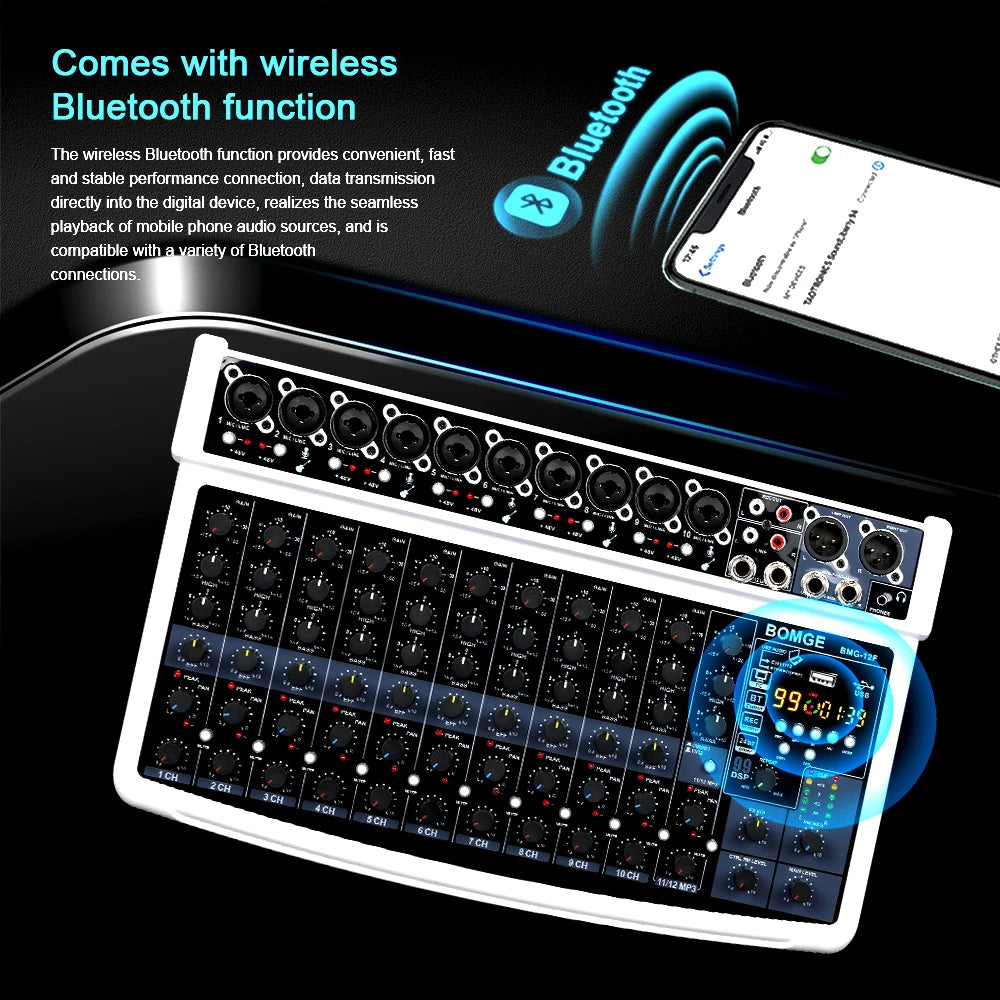 BOMGE 12-Channel Professional Audio Mixer, RCA, XLR Microphone Jack, 48V Power, 99 DSP For Professional and Beginners