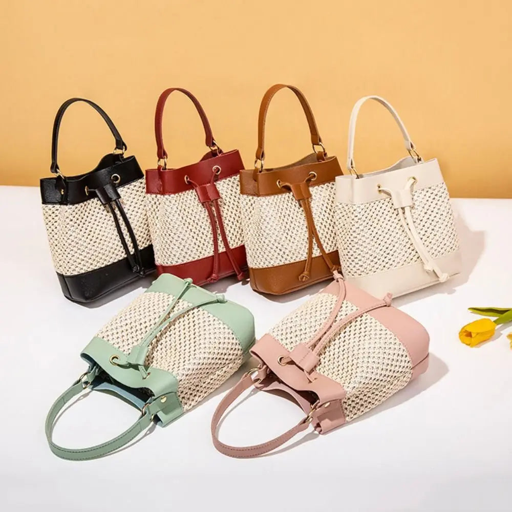 Bundle Pocket Straw Crossbody Bag Commute Handbag Drawstring Bucket Bag Messenger Bag Large Capacity Beach Shoulder Bag Girls