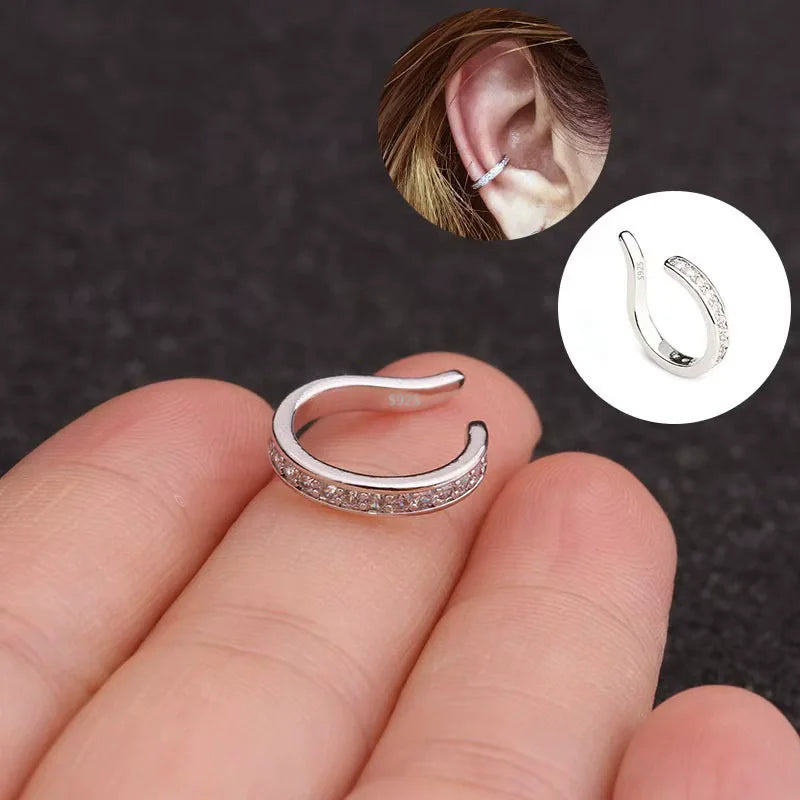 Fashion Fine C Shape Zircon No Hole Corrector Clip Earrings Women Men 925 Sterling Silver Jewelry Punk Rock Rhinestone EarCuff