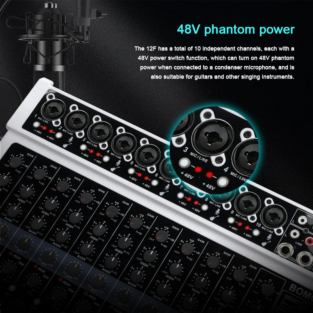 BOMGE 12-Channel Professional Audio Mixer, RCA, XLR Microphone Jack, 48V Power, 99 DSP For Professional and Beginners
