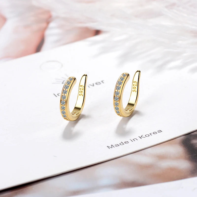 Fashion Fine C Shape Zircon No Hole Corrector Clip Earrings Women Men 925 Sterling Silver Jewelry Punk Rock Rhinestone EarCuff