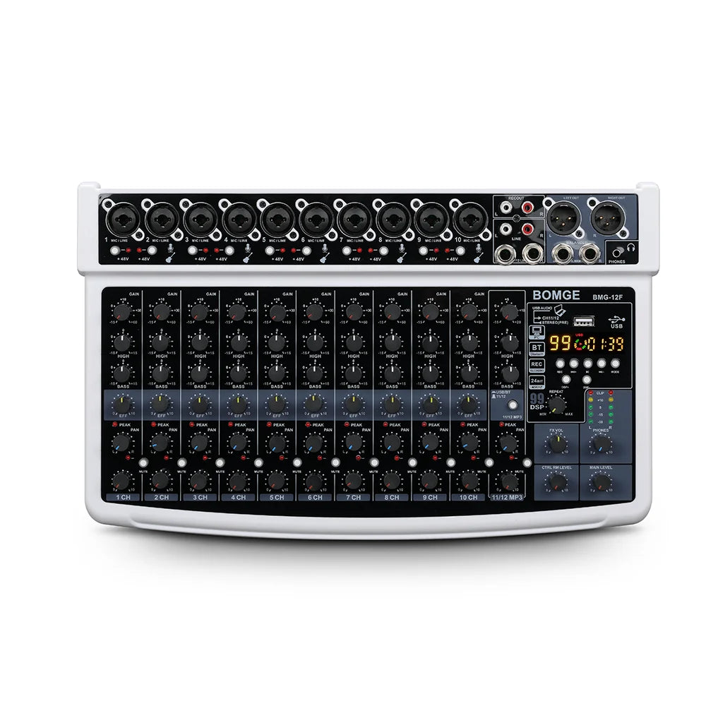 BOMGE 12-Channel Professional Audio Mixer, RCA, XLR Microphone Jack, 48V Power, 99 DSP For Professional and Beginners